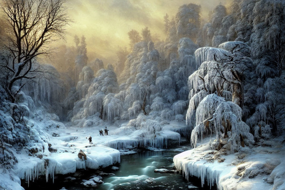 Snow-covered trees, frozen river, people walking on ice in serene winter landscape