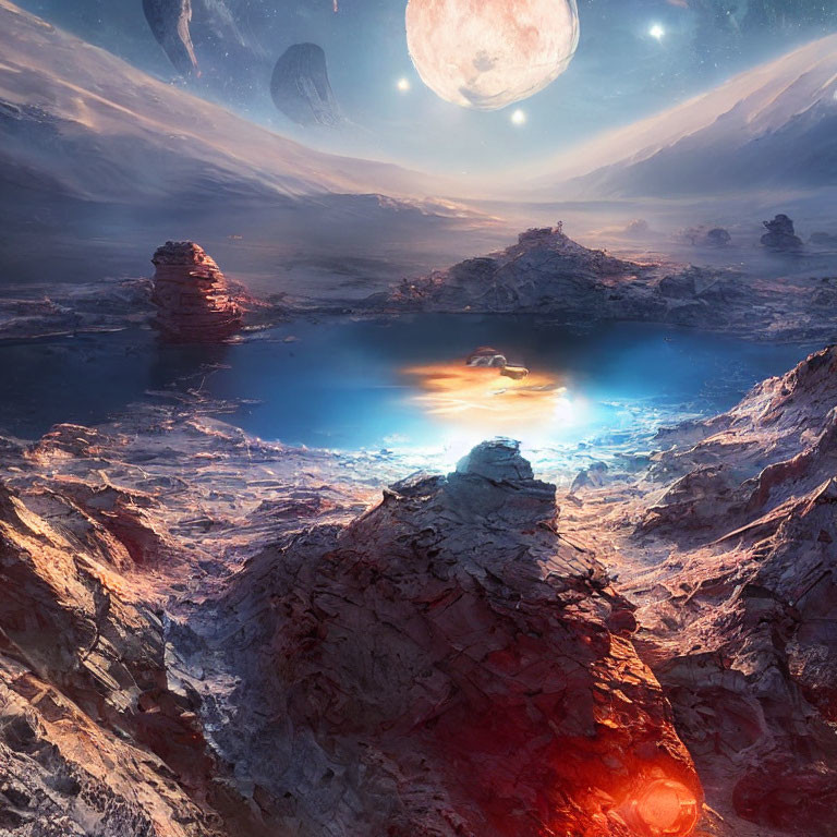 Alien landscape with blue lake, rocky terrain, celestial bodies