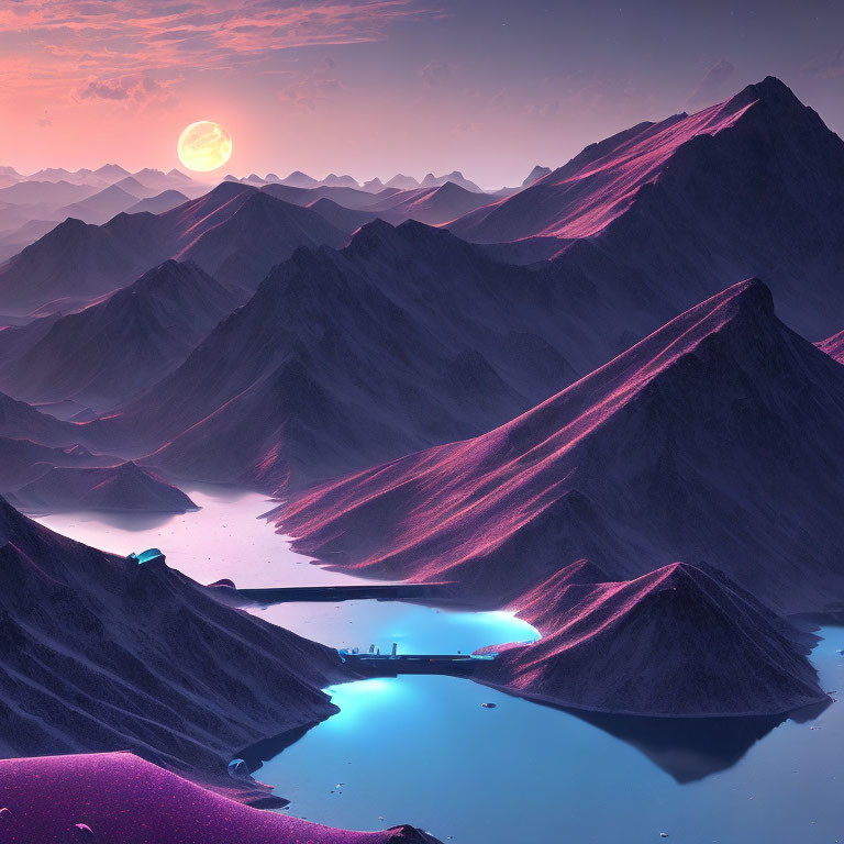 Surreal landscape: purple mountains, blue lakes, large moon, futuristic structure