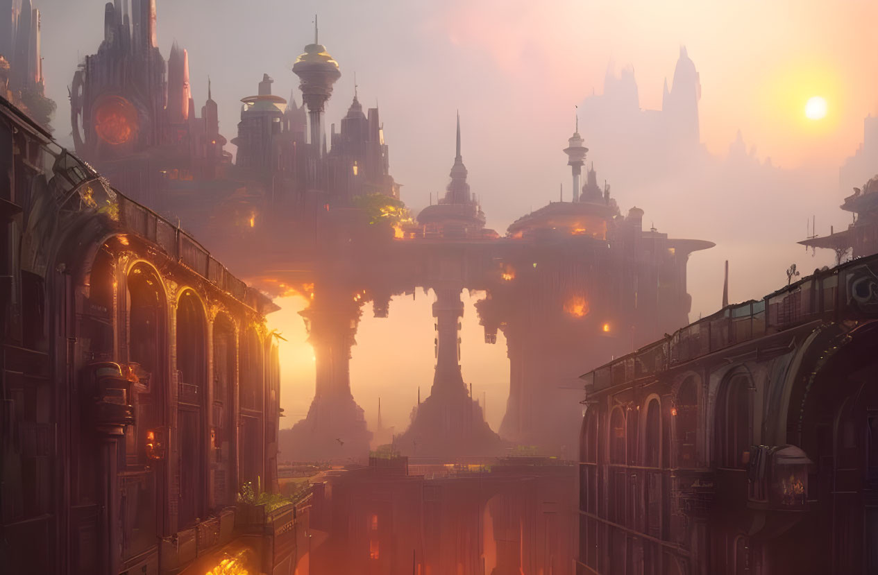 Majestic cityscape with towering spires and bridges at sunset
