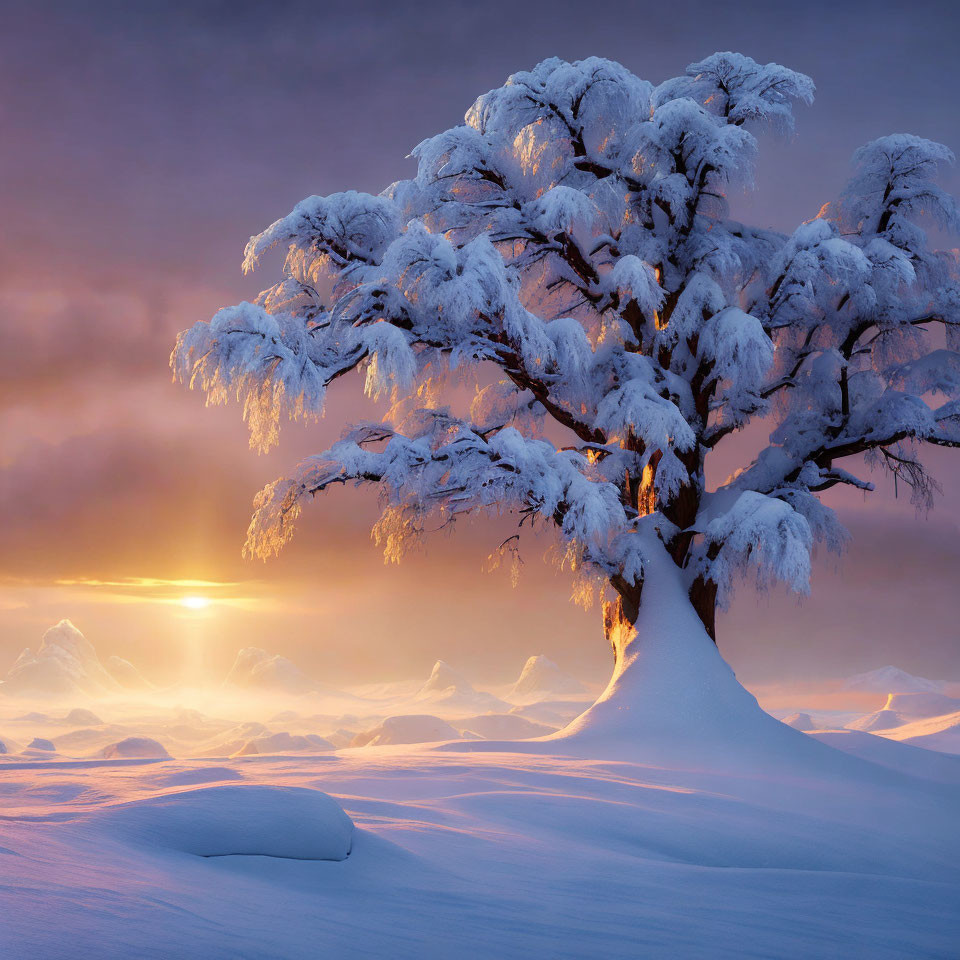 Snow-covered tree at sunrise in soft orange light over winter landscape