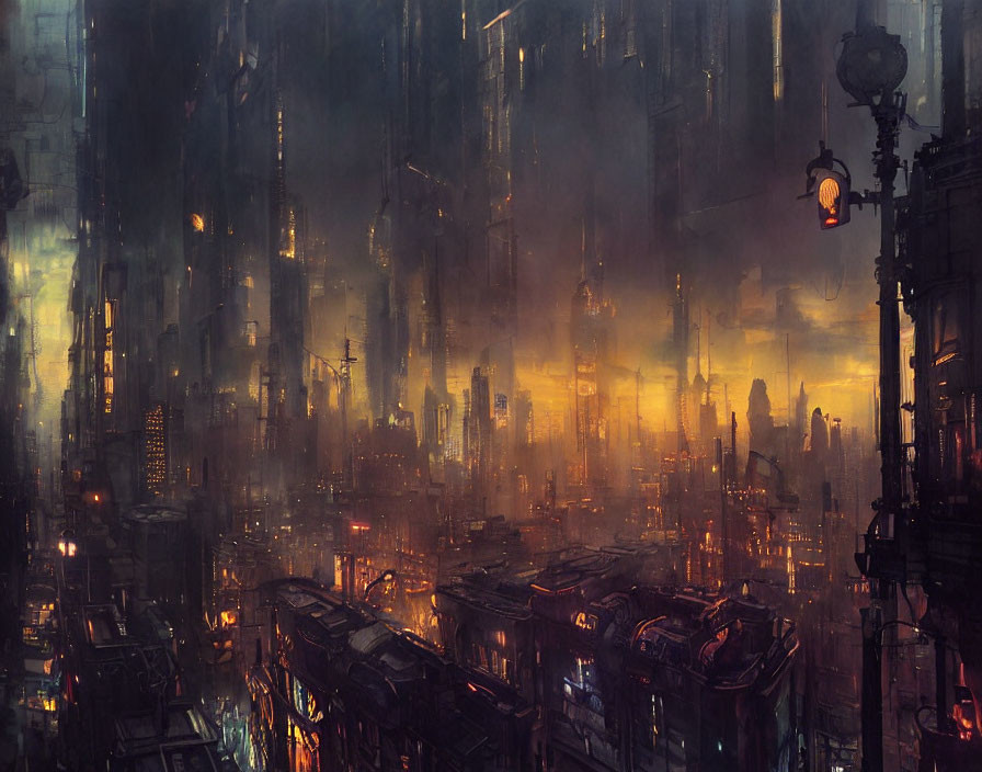 Futuristic cityscape with mist, towering structures, yellow lights