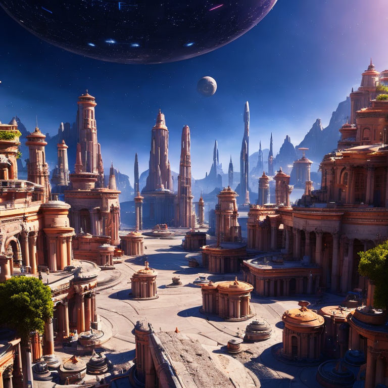 Futuristic cityscape with towering spires and celestial body in blue sky