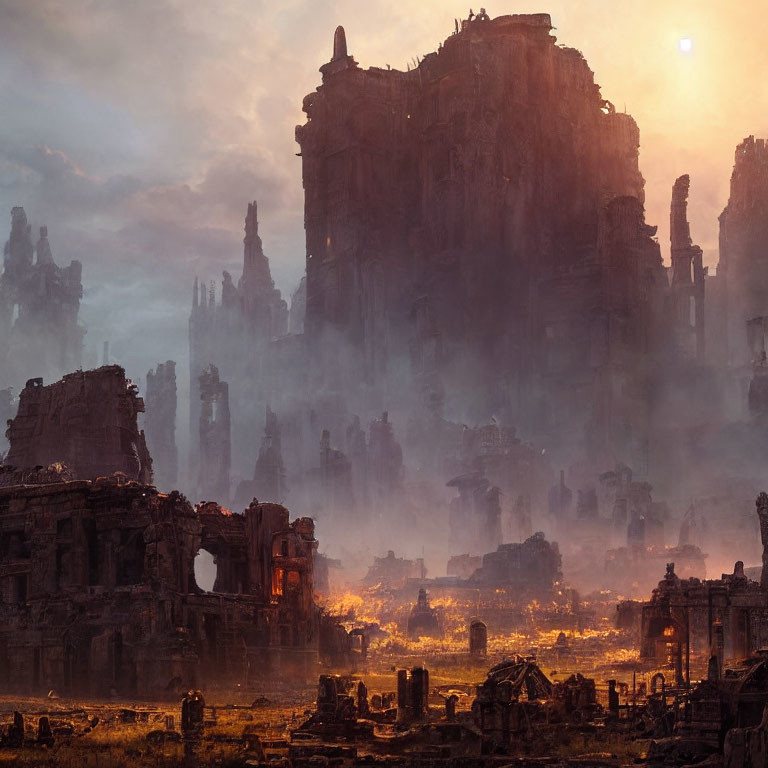 Dystopian landscape with ruins of tall buildings at hazy sunset