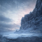 Tranquil twilight landscape with starry sky, misty mountains, and reflective water