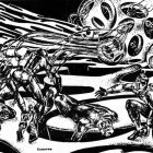 Abstract Monochrome Robotic Figures & Futuristic Machinery Art