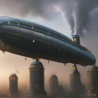 Airships in Misty Amber Sky with Advanced Technology and Steampunk Aesthetic