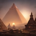 Ancient pyramid-like structures in mystical sunset landscape