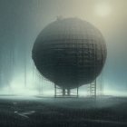 Futuristic spherical structure above arid landscape with cliffs under hazy sky