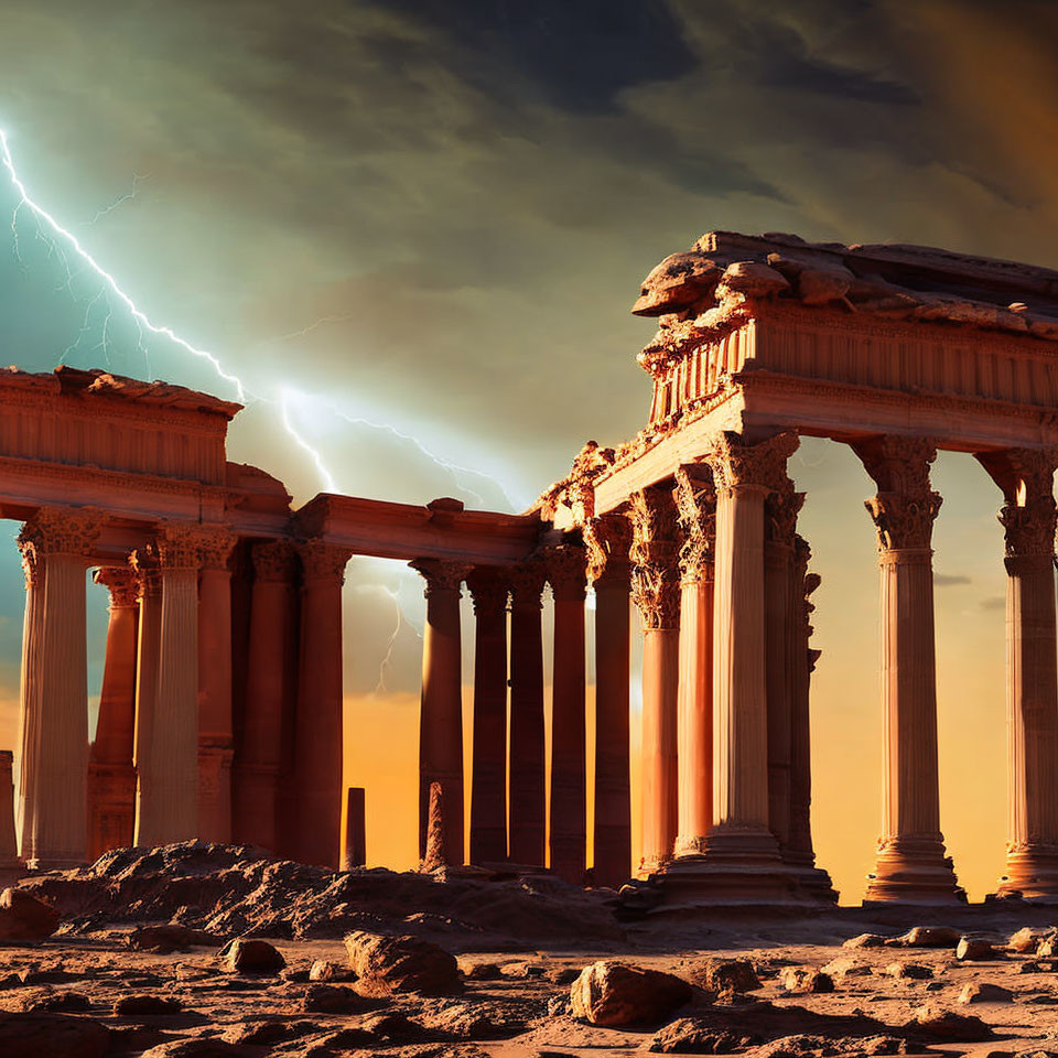 Ancient ruins with columns under dramatic sky with lightning bolt