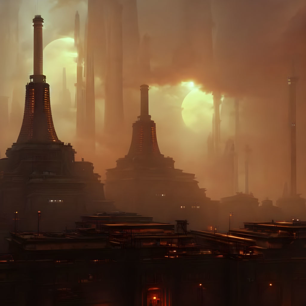 Dystopian cityscape at sunset with towering structures and industrial chimneys in orange haze