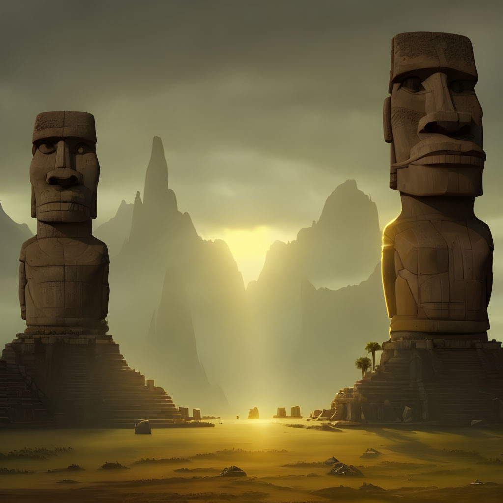 Ancient moai statues against mountain backdrop at sunrise or sunset