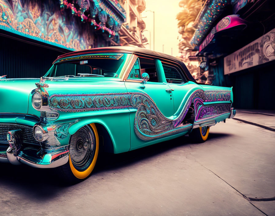 Vintage turquoise car with intricate patterns and yellow rims in urban alley with vibrant backdrop