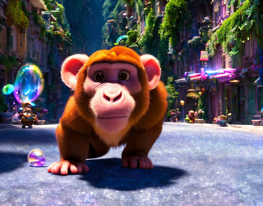 Curious animated monkey on vibrant city street gazes at bubble