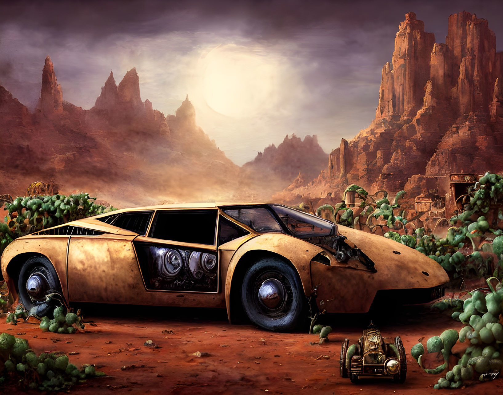 Rusty golden sports car in desert with moon and rocky landscape