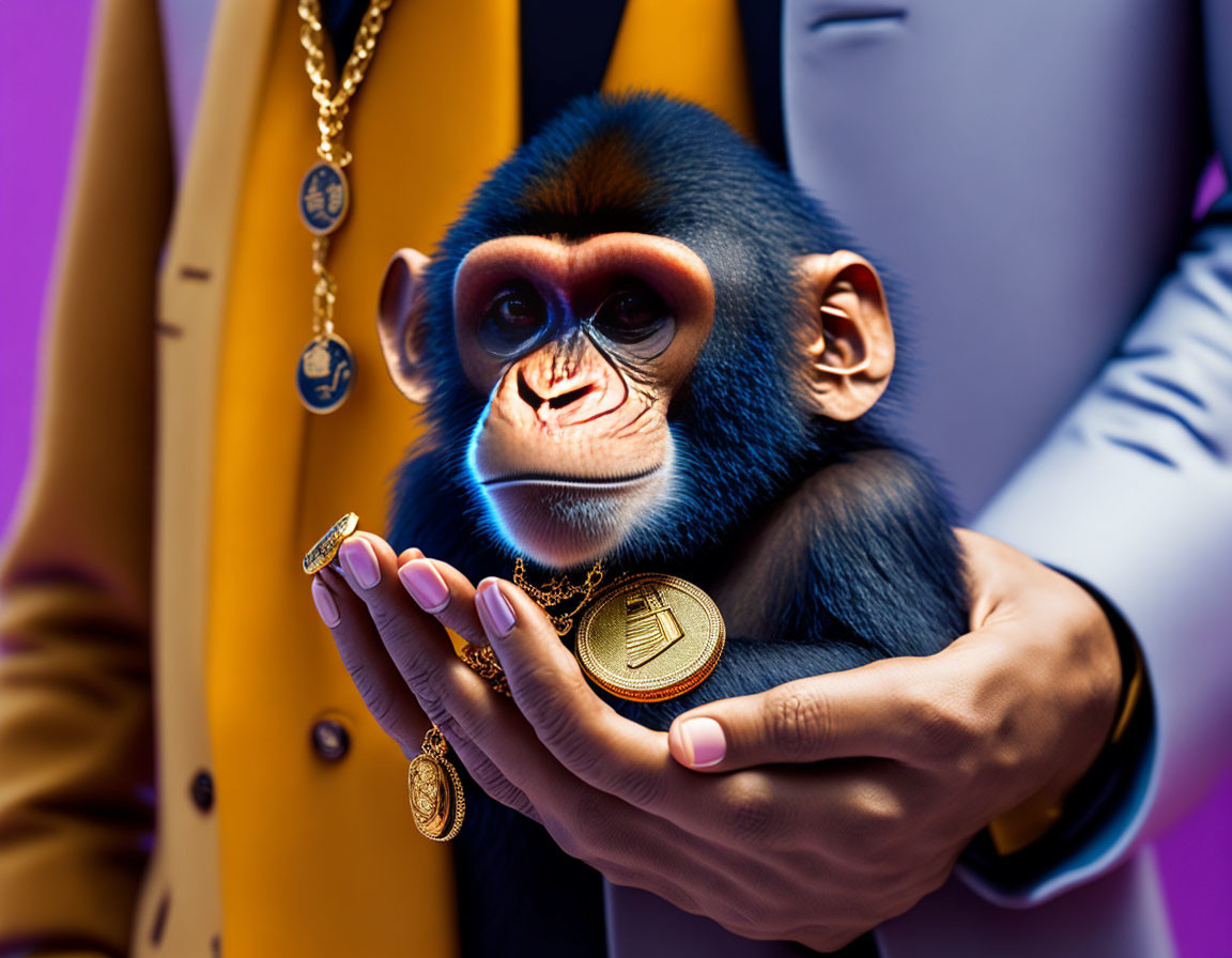 Baboon face on human body in suit with coin and necklace