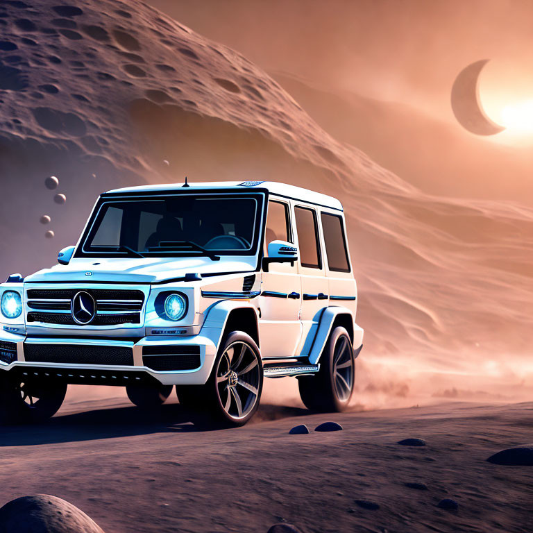 Luxury SUV driving on desert terrain under large moon