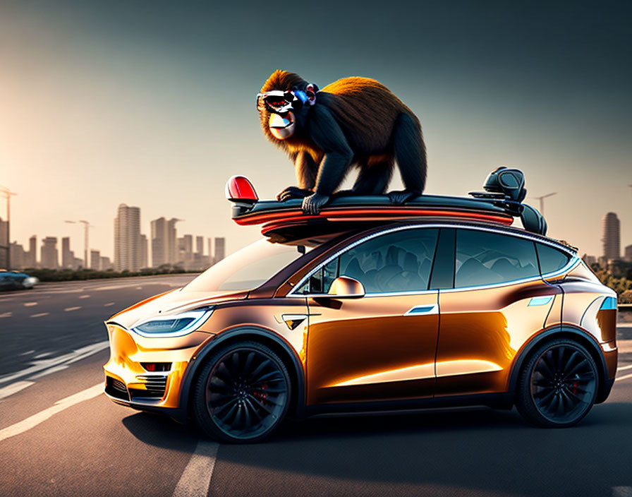 Monkey on Golden Tesla Model X with City Skyline at Sunset