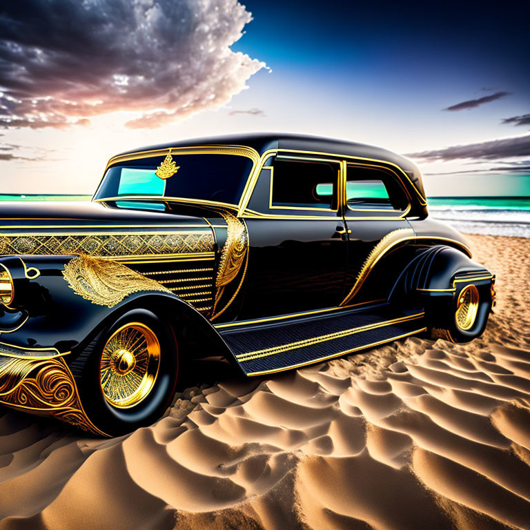 Vintage Black Car with Golden Designs on Beach at Sunset