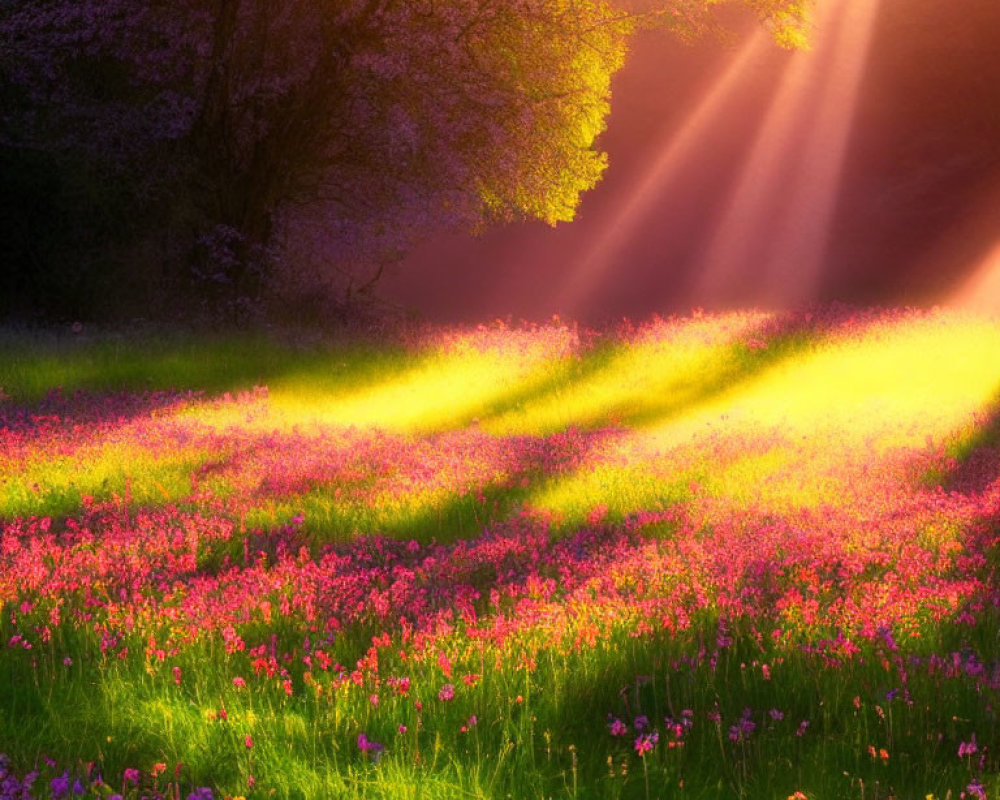 Sunbeams on vibrant pink wildflowers in dreamy setting