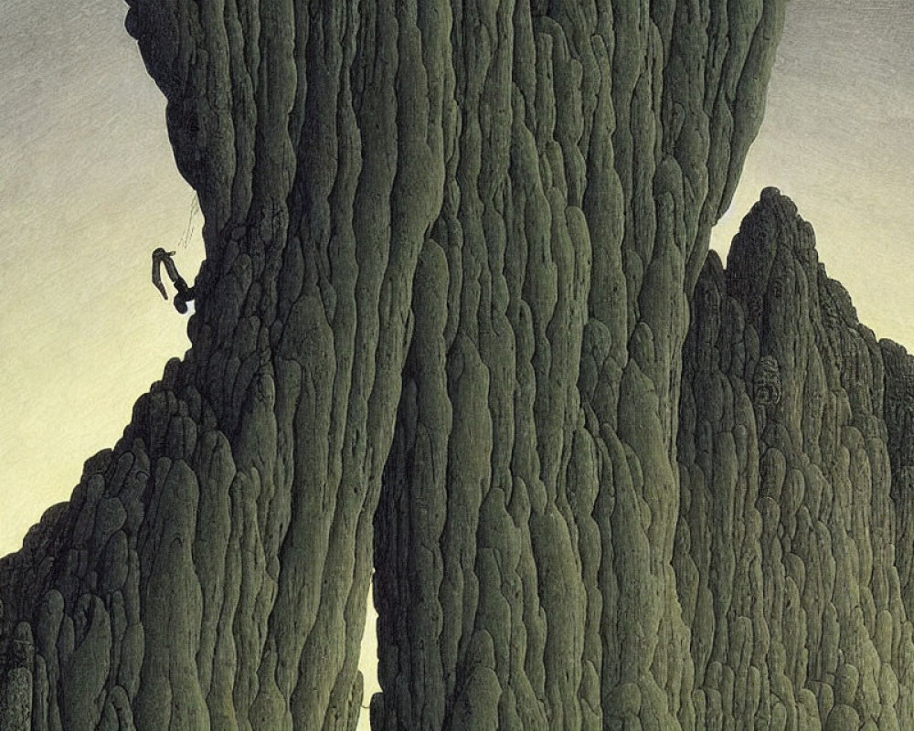 Steep Textured Cliff Climber Against Gradient Sky