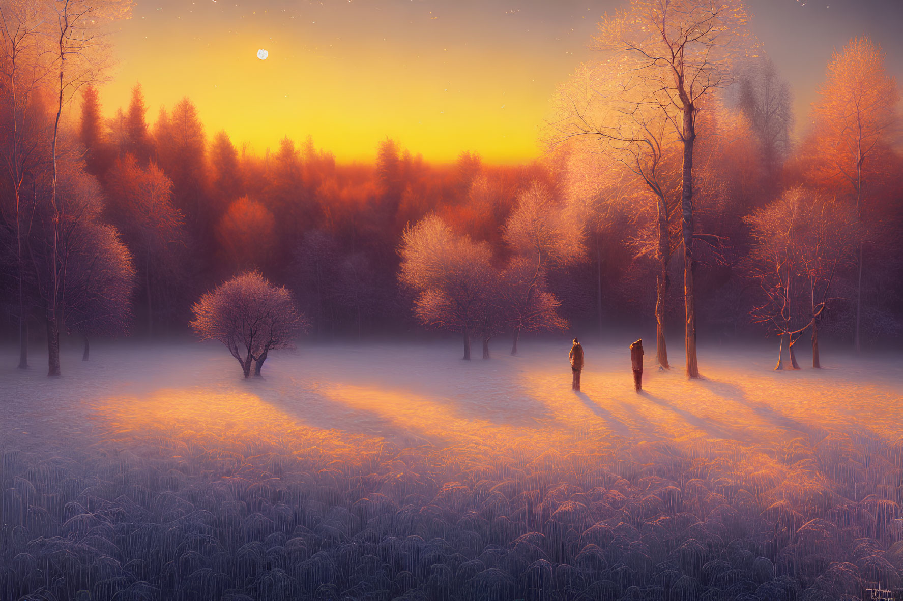 Mystical dusk landscape with tall trees, orange sky, figures, and crescent moon