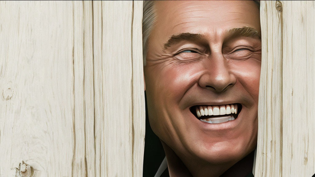 Digital artwork: Smiling man peeking through split wooden planks