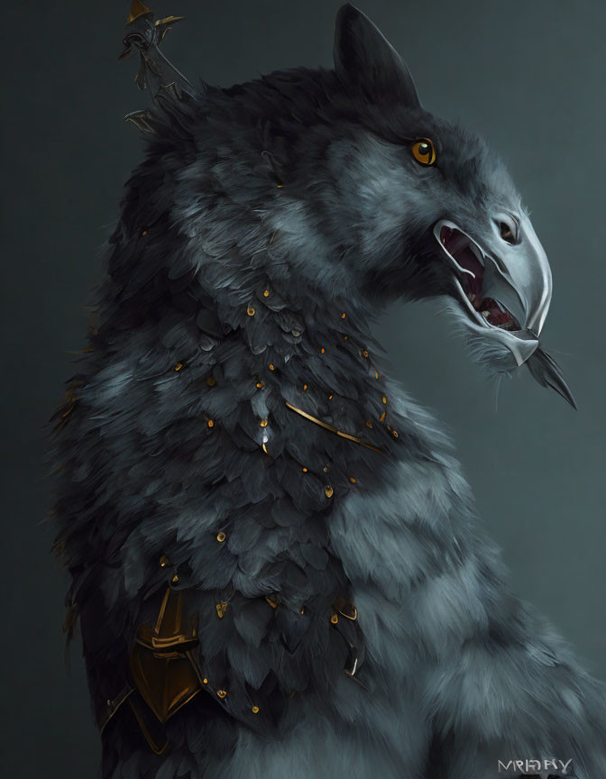 Illustration of Mythical Creature: Wolf Body, Golden Armor Accents, Eagle Head