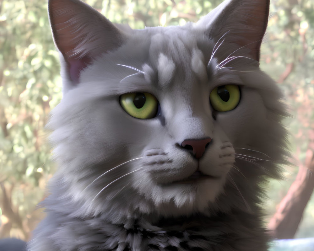 Fluffy Gray Cat with Green Eyes and Serious Expression against Green Foliage