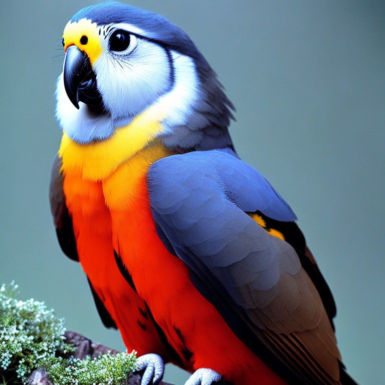 Colorful Parakeet with Yellow Head, Orange Chest, and Blue Wings on Branch