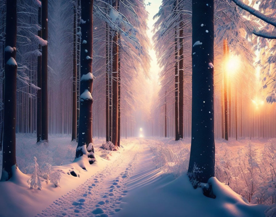 Snowy Forest Path with Tall Snow-Covered Trees and Warm Light