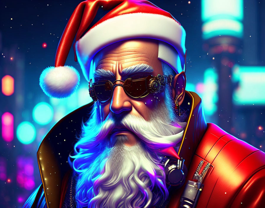 Santa Claus in Sunglasses and Red Hat on Neon Cityscape Background