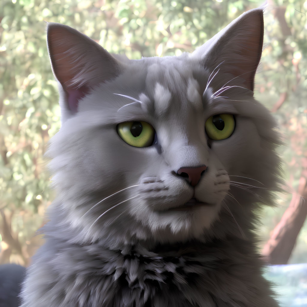 Fluffy Gray Cat with Green Eyes and Serious Expression against Green Foliage