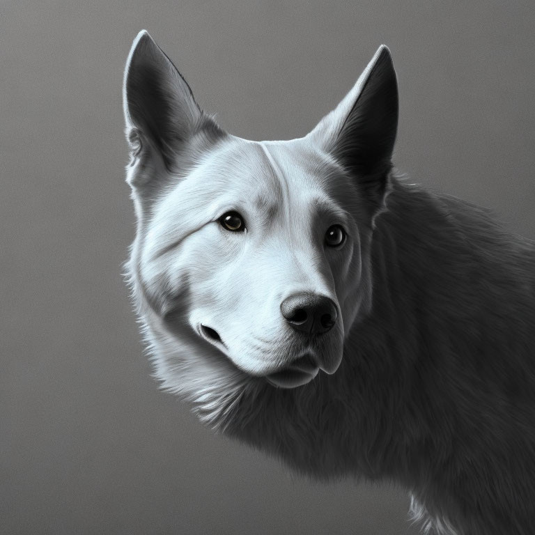 Monochrome dog with perked ears on gray background