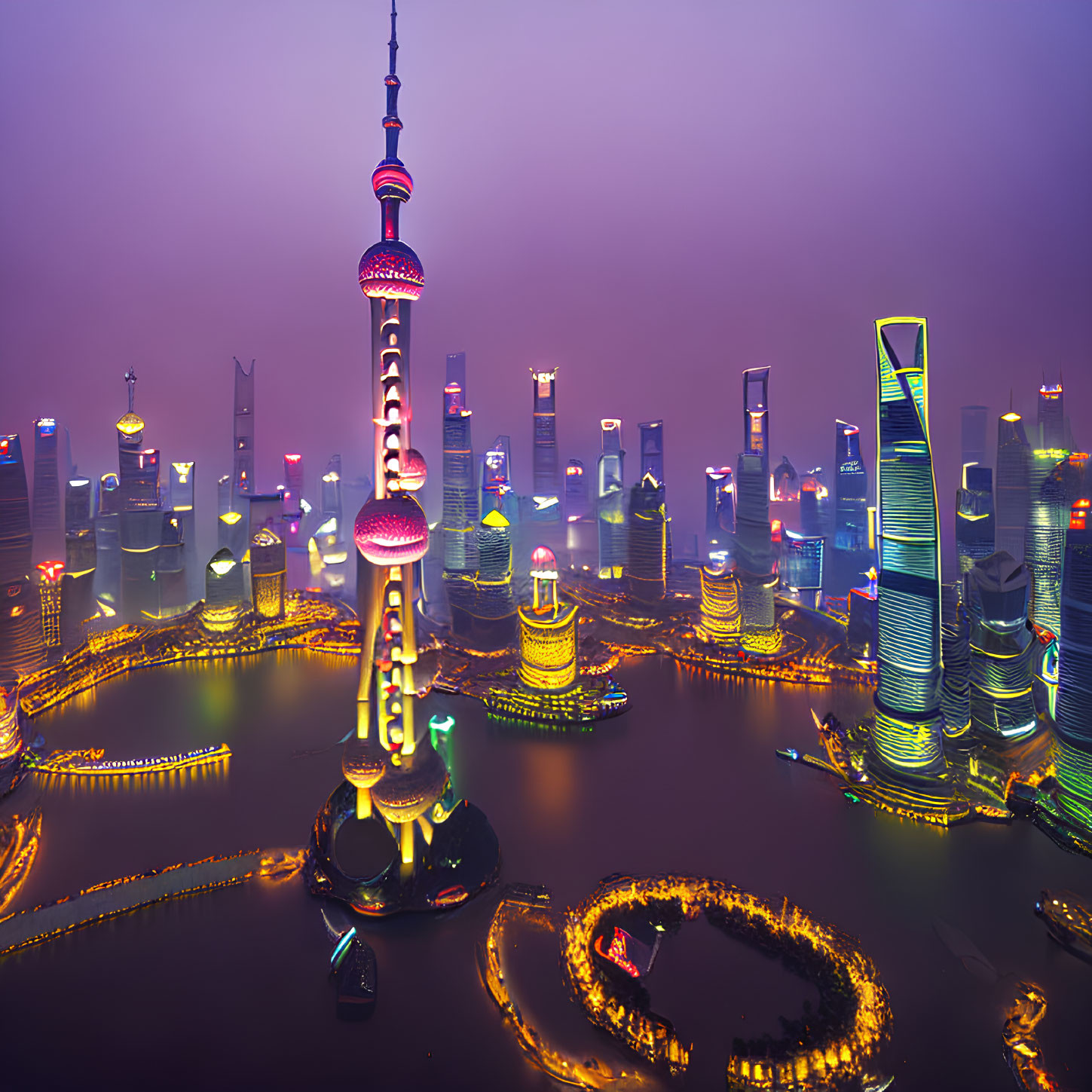 Shanghai skyline at twilight with illuminated skyscrapers and Oriental Pearl Tower