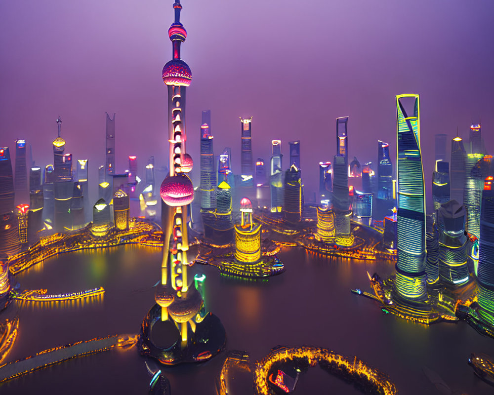 Shanghai skyline at twilight with illuminated skyscrapers and Oriental Pearl Tower