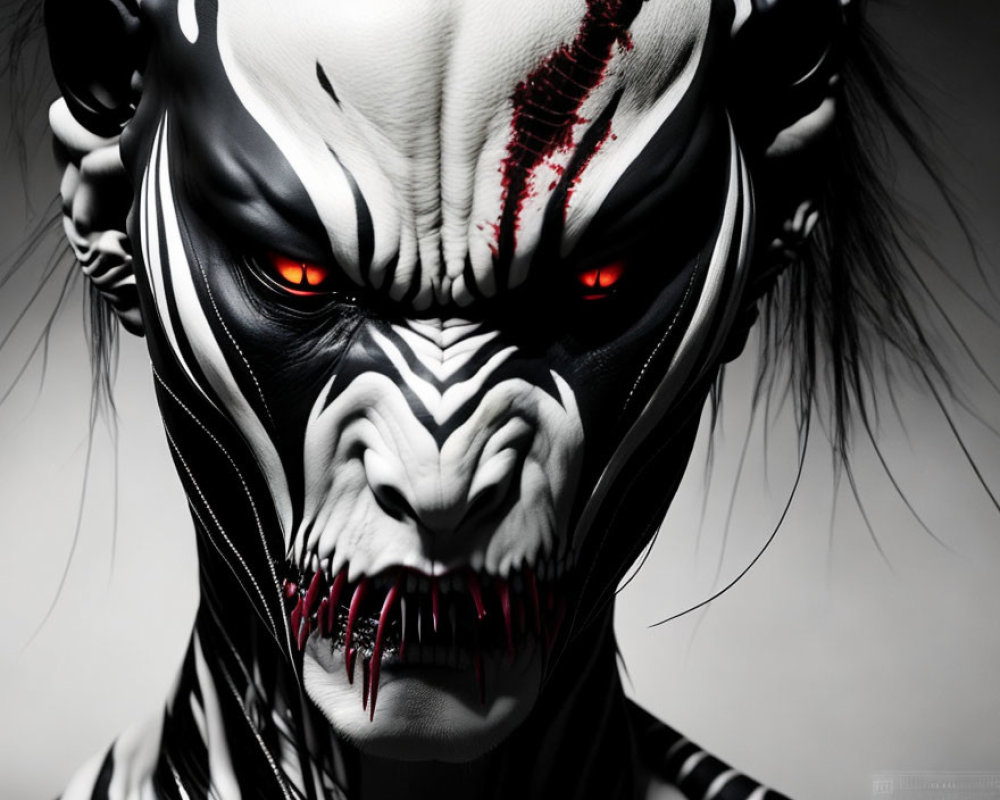 Red-eyed creature with black and white stripes, sharp teeth, and dark hair.