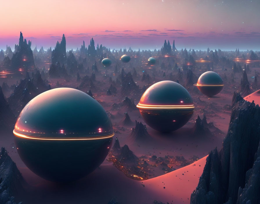 Surreal dusk landscape with floating metallic spheres over rocky field