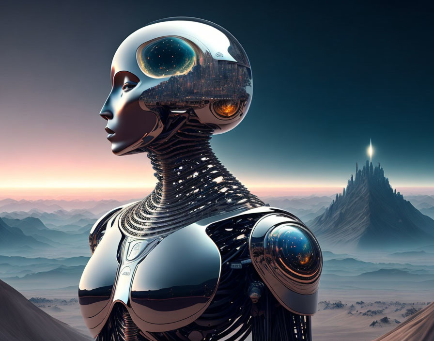 Futuristic humanoid robot in desert landscape with castle at sunset