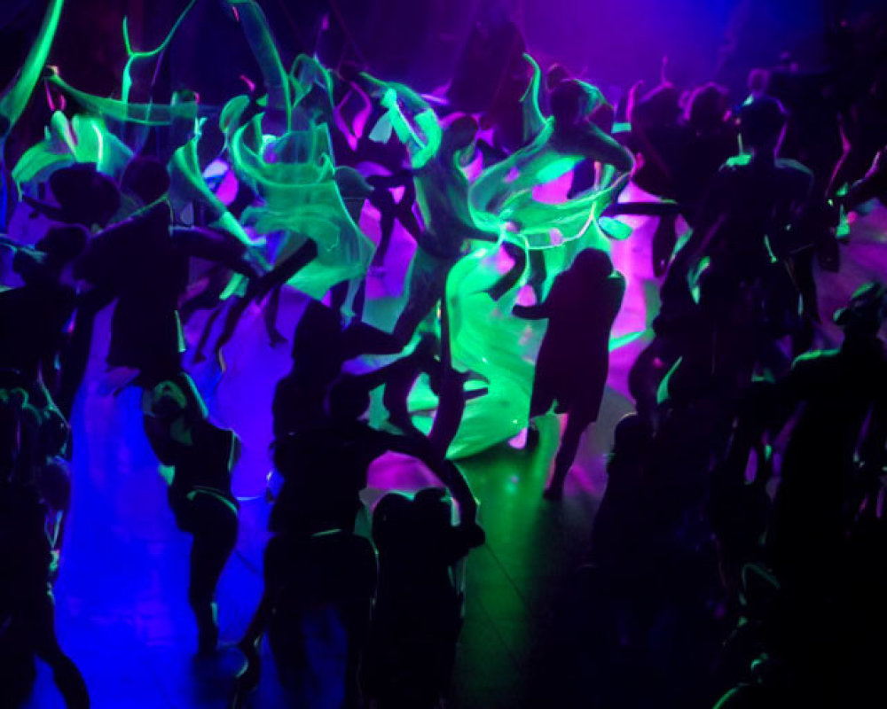 Neon green streaks illuminate dancers in dimly lit club