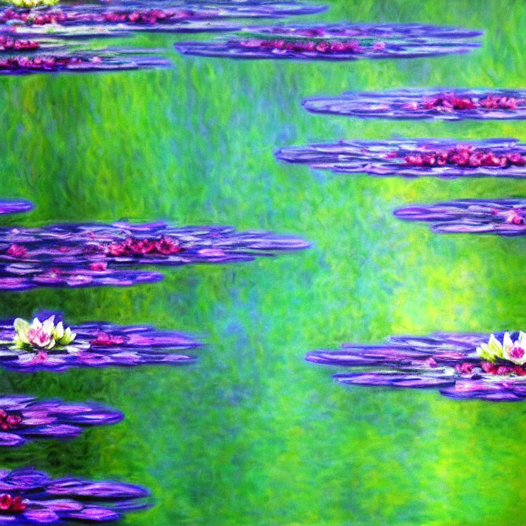 Vibrant Pond Painting with Water Lilies and Reflections