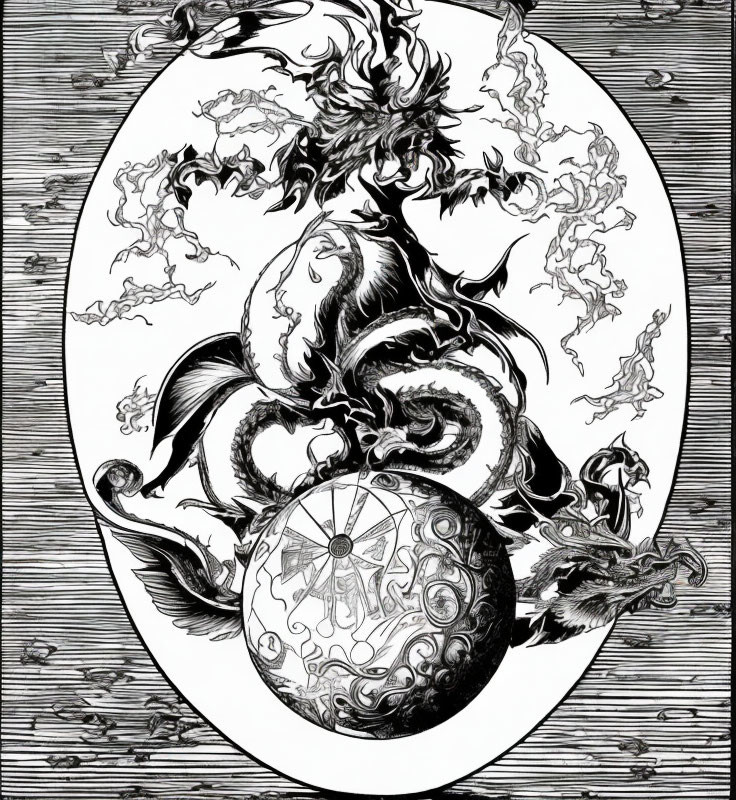 Detailed black and white dragon illustration with compass symbol in oval frame.