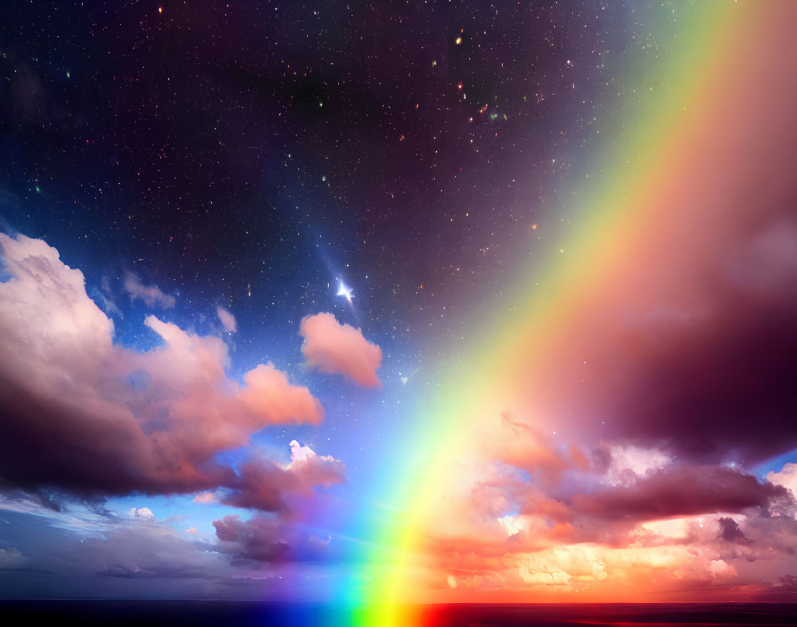 Twilight sky with vibrant rainbow, stars, dramatic clouds, and serene sea horizon