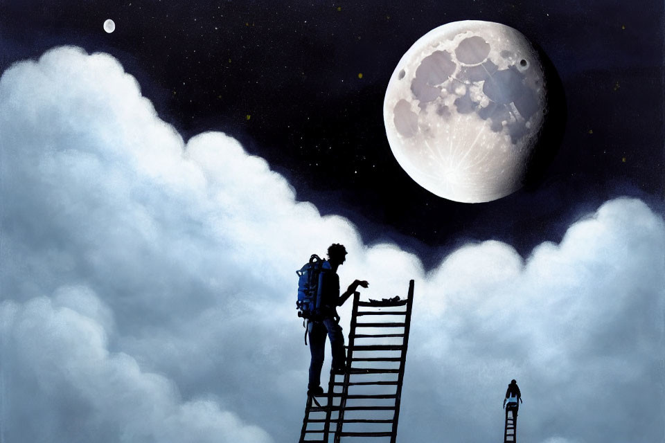 Two people on ladders under starry night sky towards moon