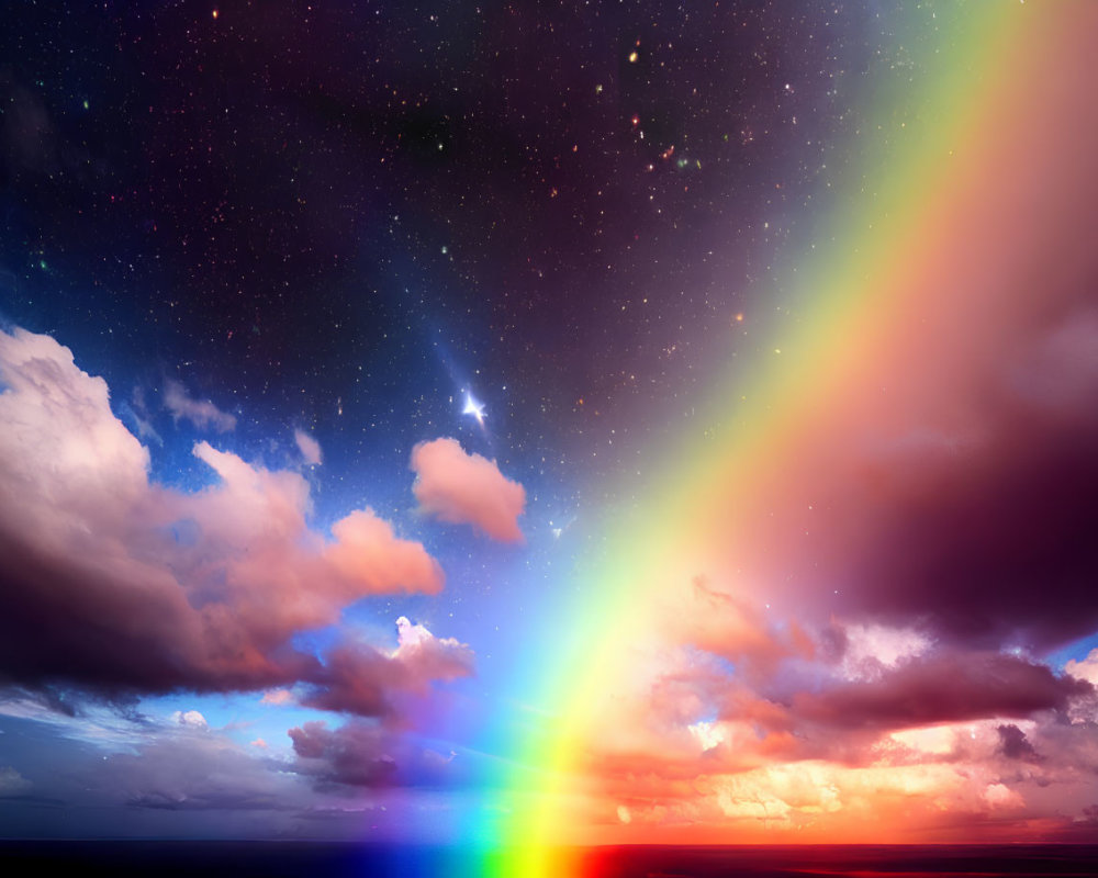 Twilight sky with vibrant rainbow, stars, dramatic clouds, and serene sea horizon