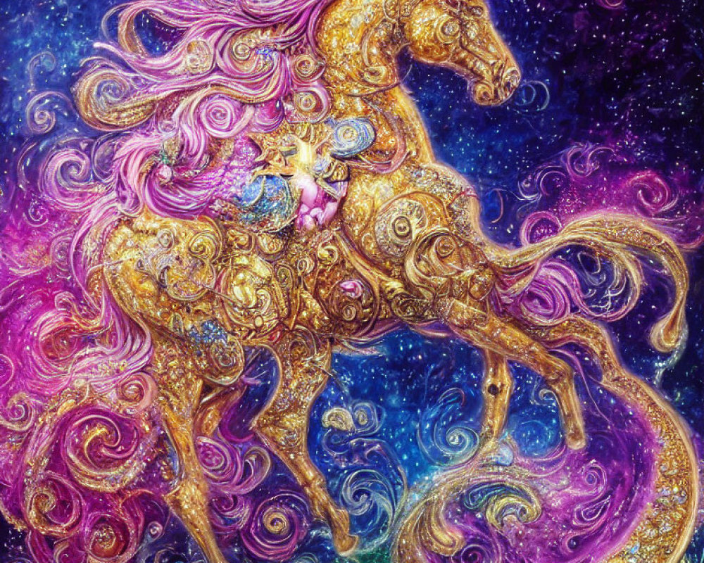 Colorful Golden Unicorn in Cosmic Galaxy Scene