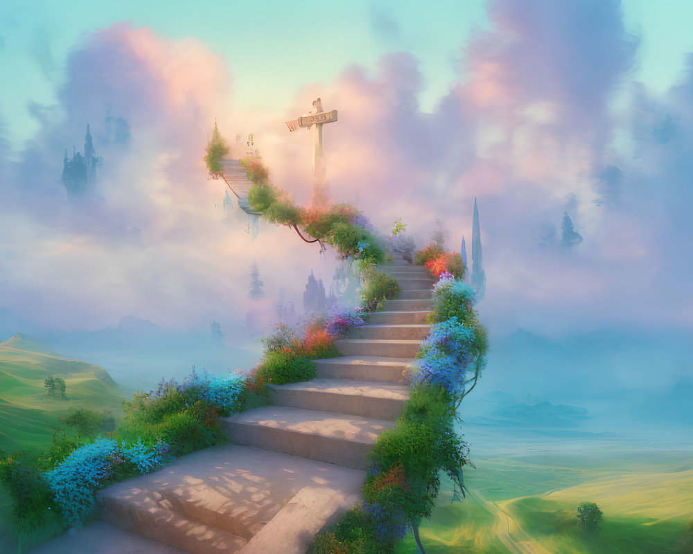 Colorful Flower Staircase and Floating Signpost in Cloudy Sky