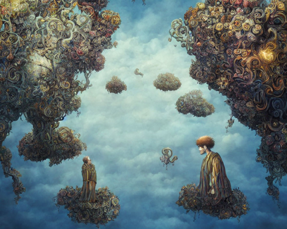 Two people on floating islands in surreal cloudy background