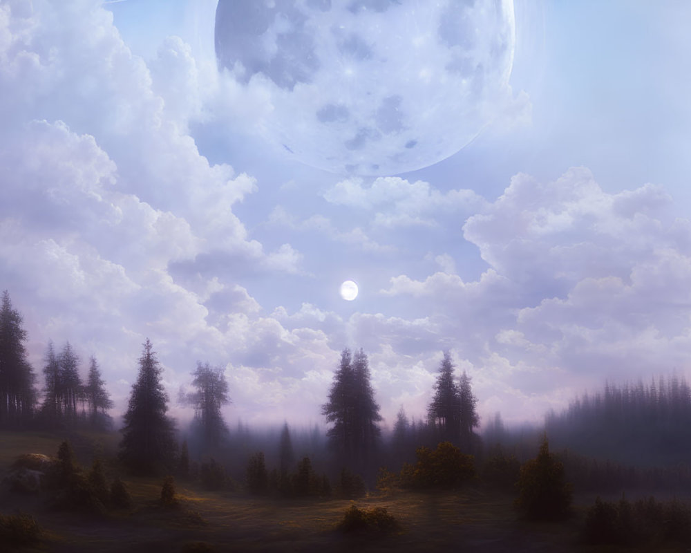 Giant moon over misty forest under cloudy sky