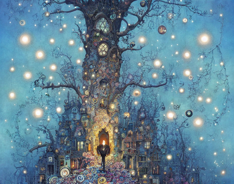 Enchanting tree with whimsical houses and glowing orbs under twilight sky